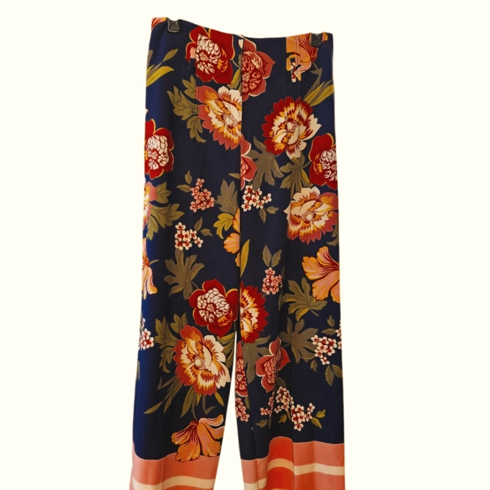 New York & Co Floral Pants High Waisted Rise Wide Leg Navy Blue Pink Sz 14